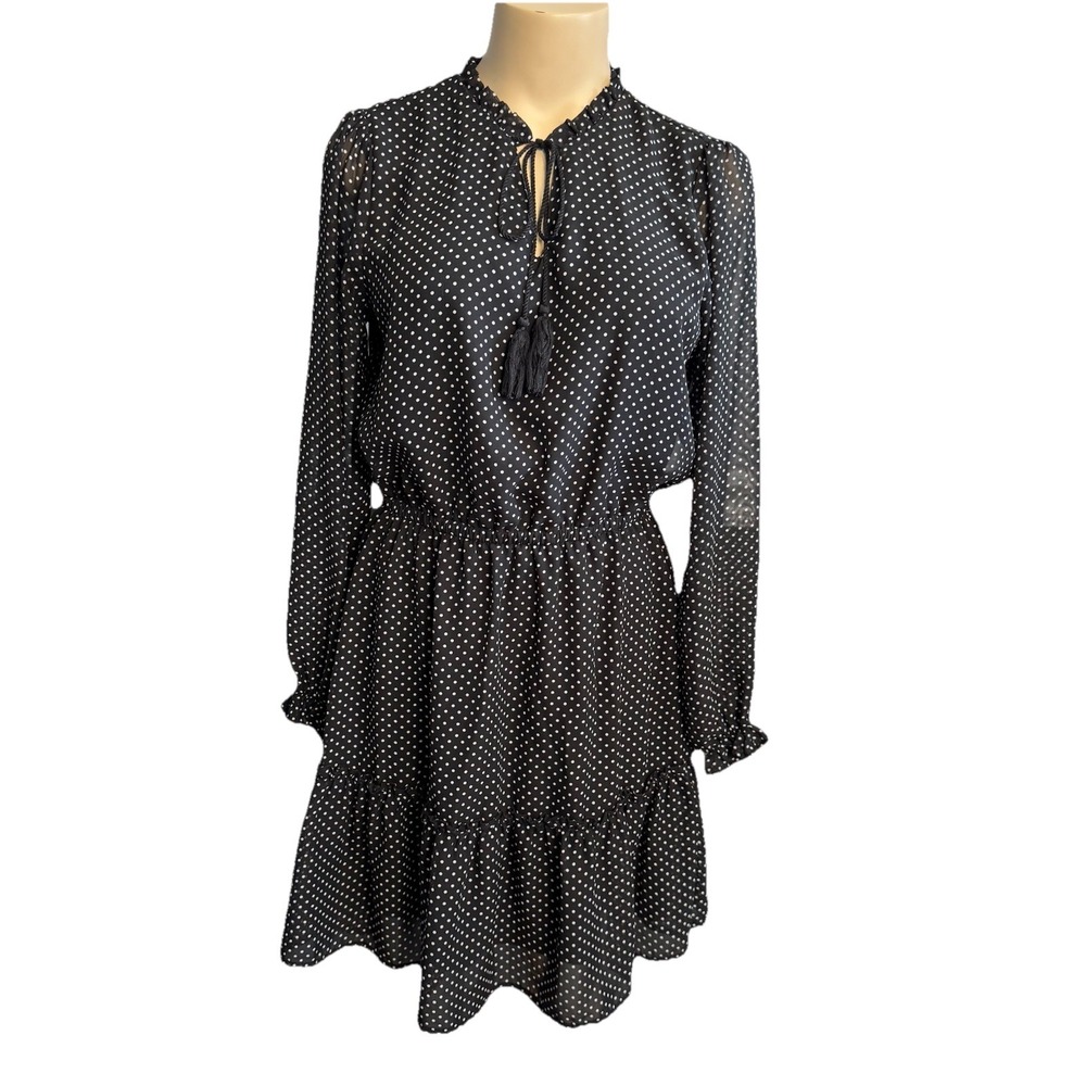 Long Sleeve Polka Dot Dress Black Size S Neck Tie Ruffle Sheer Sleeve Peasant